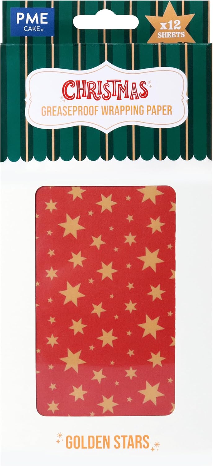 Förpackning med julrött karamellpapper dekorerat med gyllene stjärnor från PME.