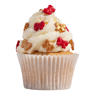 Cupcake dekorerad med skimrande ätbara rosetter i guld och rosarött.