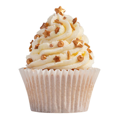 Cupcake dekorerad med skimrande guldströssel i form av stjärnor och pärlor.