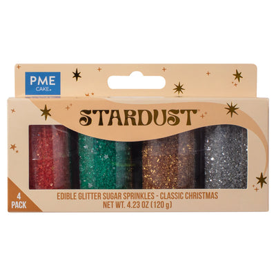 Förpackning med Stardust 4 pack strössel i julens färger från PME