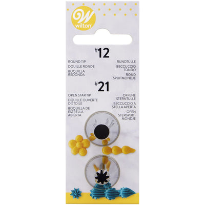 Tyllset #012 och #021 Wilton i rostfritt stål. Två rundtyllar för text, pärlor, linjer och små detaljer på tårtor och cupcakes