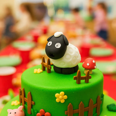 Ätbar tårtdekoration i form av ett får i sockerpasta, som sitter på en bondgårdstårta – perfekt till dop, babyshower och barnkalas