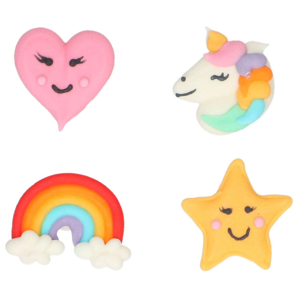 Närbild på fyra olika sockerfigurer från Wilton: ett rosa hjärta, en enhörning, en färgglad regnbåge och en gul stjärna.