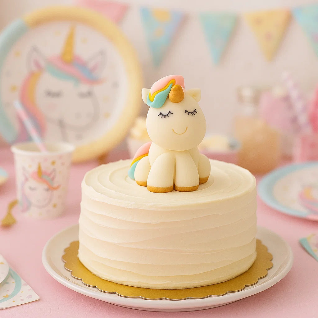 Ätbar enhörning med pastellfärger och guldhorn som pryder en vit födelsedagstårta på ett unicornkalas.
