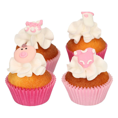 Cupcakes till babyshower med rosa ätbara dekorationer