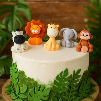 En vit tårta i djungeltema, med söta, ätbara dekorationer i form av djungeldjur i sockerpasta. Zebra, lejon, giraff, elefant och apa. 