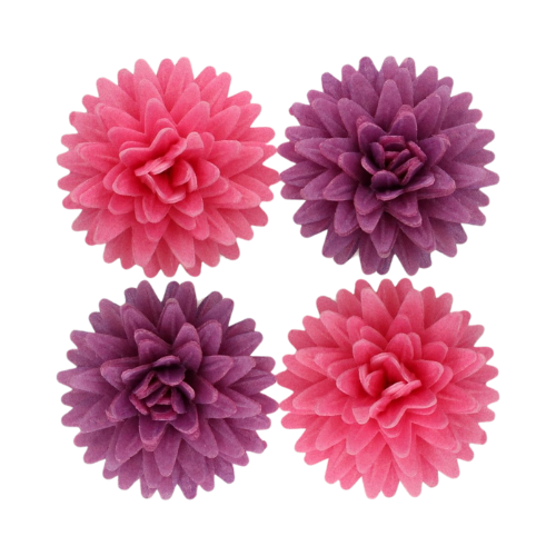Fyra ätbara Pompom/Tusensköna-blommor från FunCakes i rosa och lila