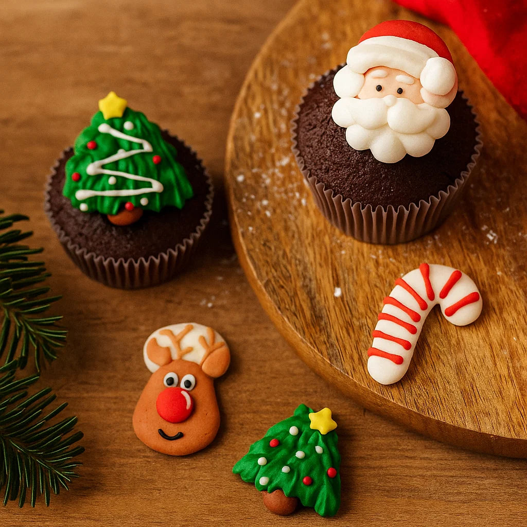 Cupcakes dekorerade med ätbara juldekorationer i form av en tomte, en julgran, en ren och en polkagris