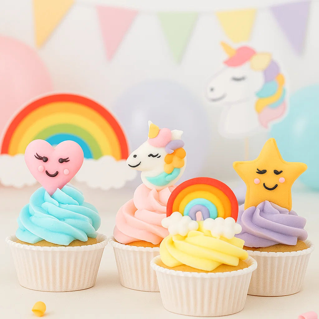 Fyra färgglada cupcakes dekorerade med sockerfigurer i form av hjärta, enhörning, regnbåge och stjärna i ett pastellfärgat unicorn-tema.