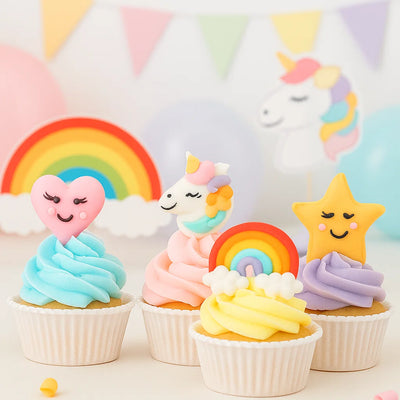 Fyra färgglada cupcakes dekorerade med sockerfigurer i form av hjärta, enhörning, regnbåge och stjärna i ett pastellfärgat unicorn-tema.