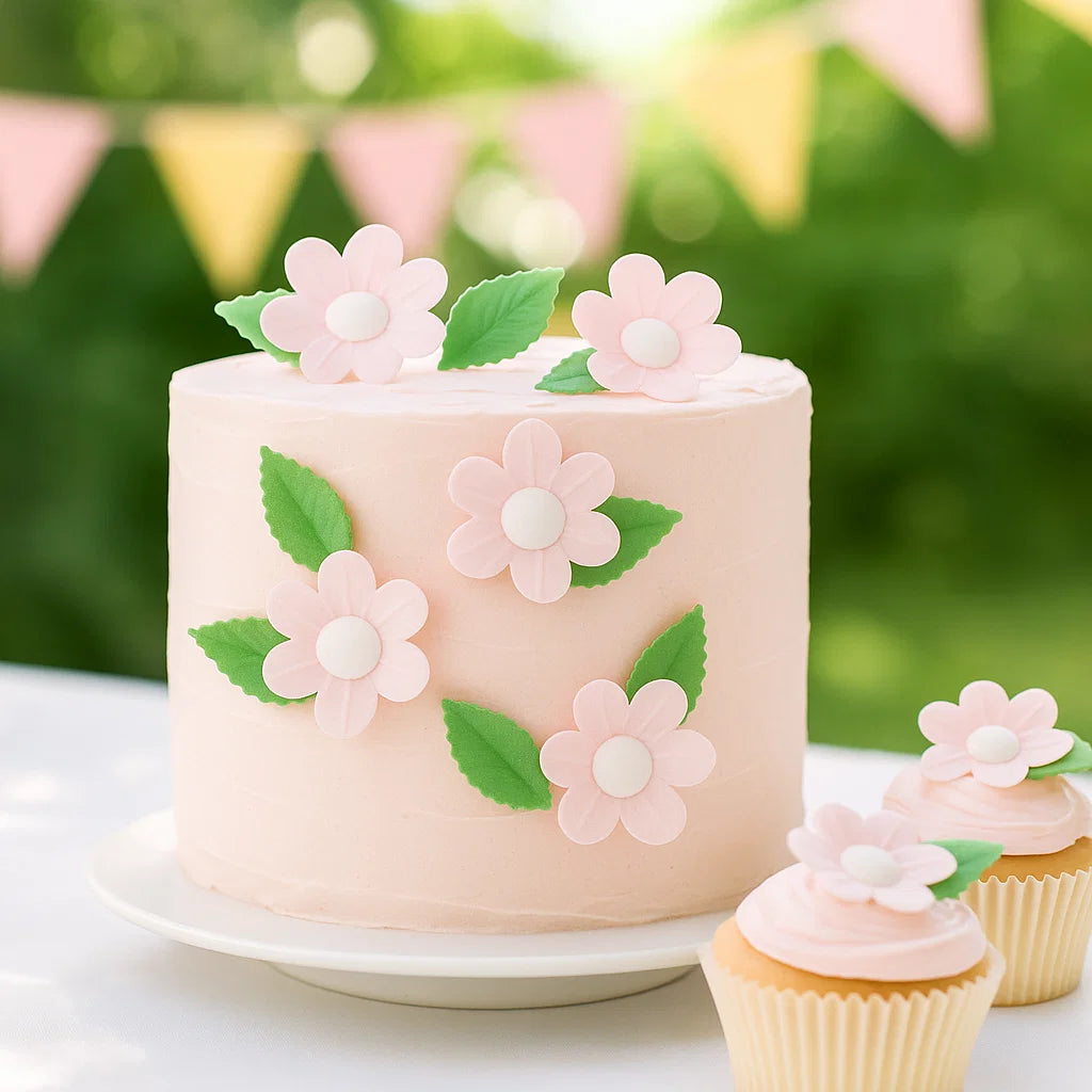 Somrig rosa tårta dekorerad med Wiltons wafer-blommor och gröna blad i en festlig utomhusmiljö.