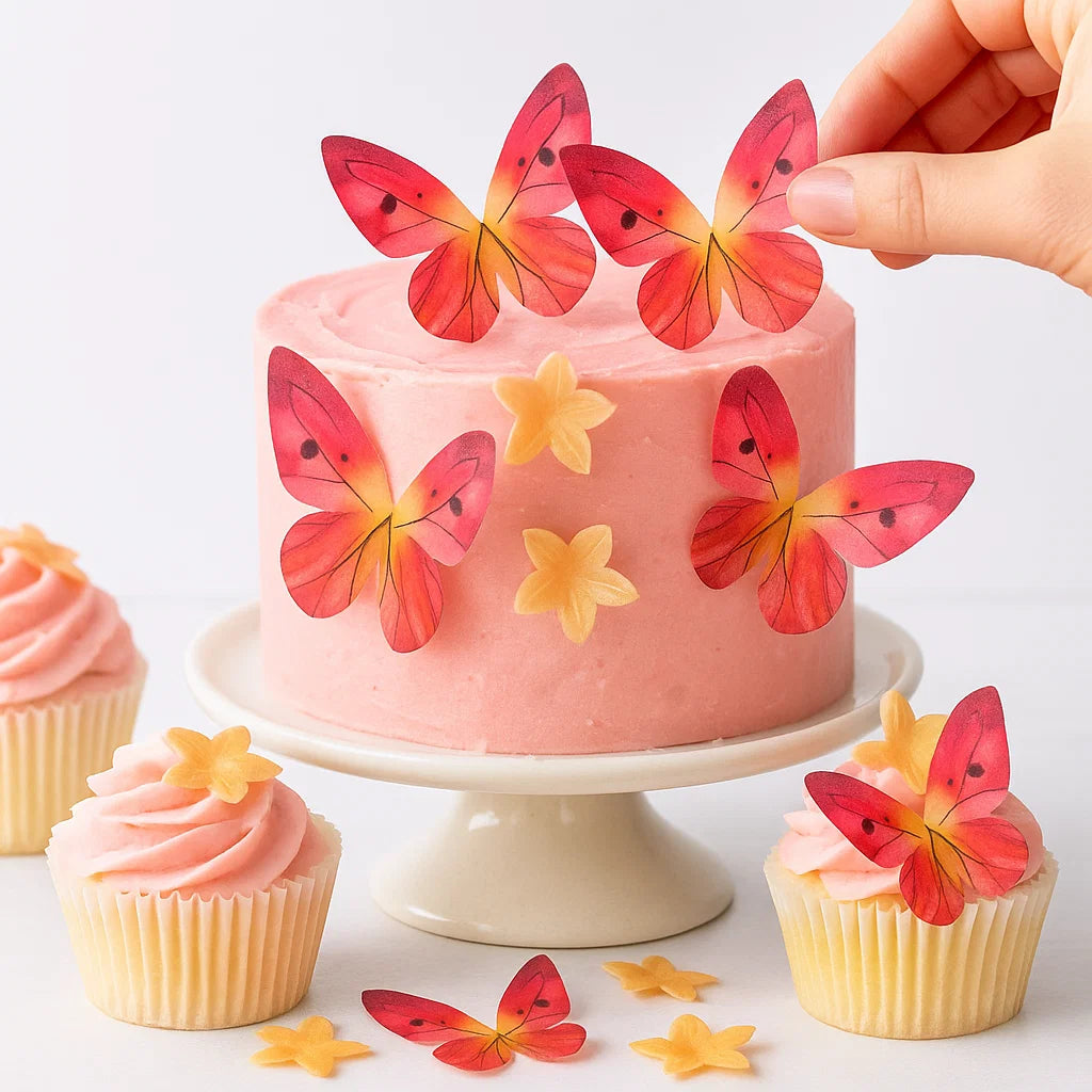 Rosa tårta dekorerad med ätbara orangea fjärilar och blommor från Wilton, tillsammans med matchande cupcakes – en drömmig och somrig tårtdekoration.