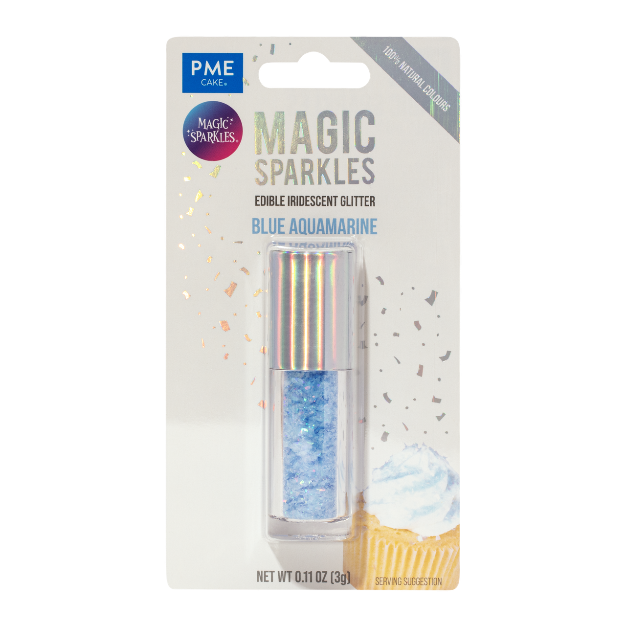 Förpackning av PME Magic Sparkles Edible Iridescent Glitter i färgen Blue Aquamarine, 3 g.