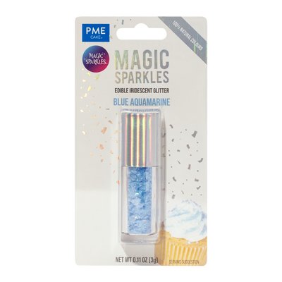 Förpackning av PME Magic Sparkles Edible Iridescent Glitter i färgen Blue Aquamarine, 3 g.