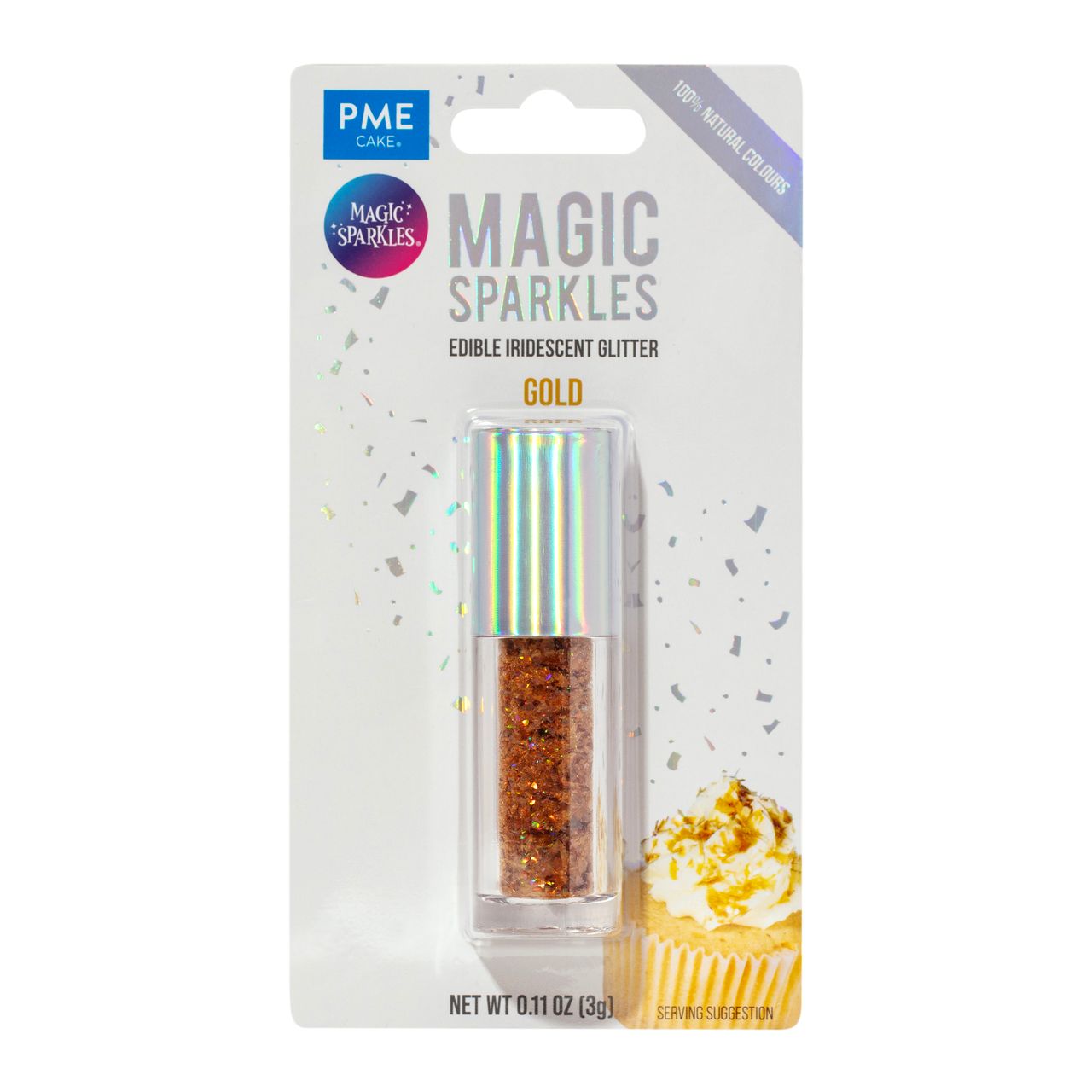 Förpackning av PME Magic Sparkles – Ätbart Iriserande Glitter, Guld (3g), med cupcake som exempel på användning.
