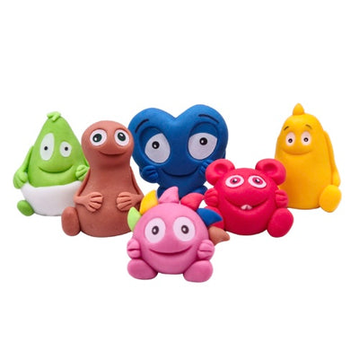 Babblarna sockerpasta figurer för dekoration av tårta, Babba, Bibbi, Bobbo, Dadda, Diddi och Doddo står tillsammans