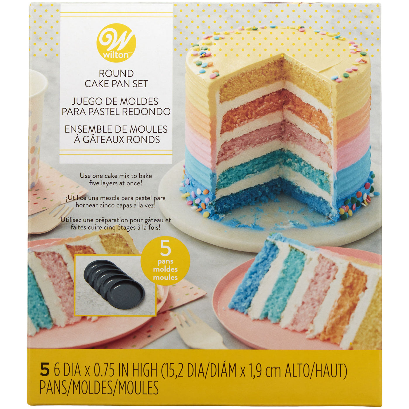 Wilton Cake Pan Easy Layers förpackning med bild på färgglad regnbågstårta i lager