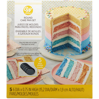 Wilton Cake Pan Easy Layers förpackning med bild på färgglad regnbågstårta i lager