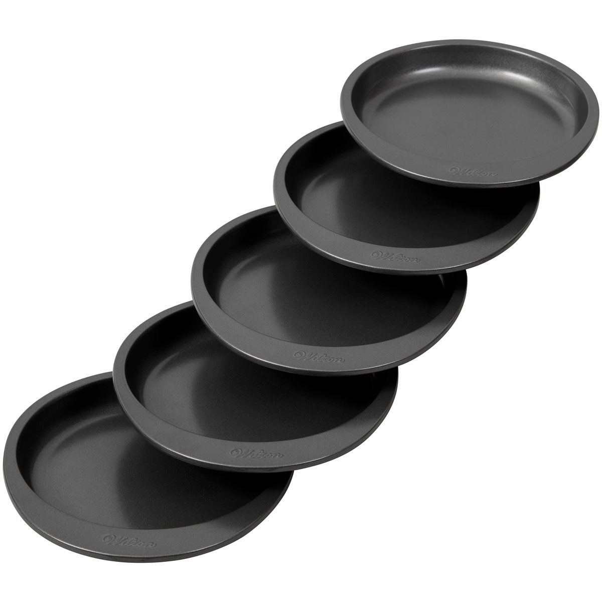 Fem svarta runda non-stick-bakformar från Wilton i set