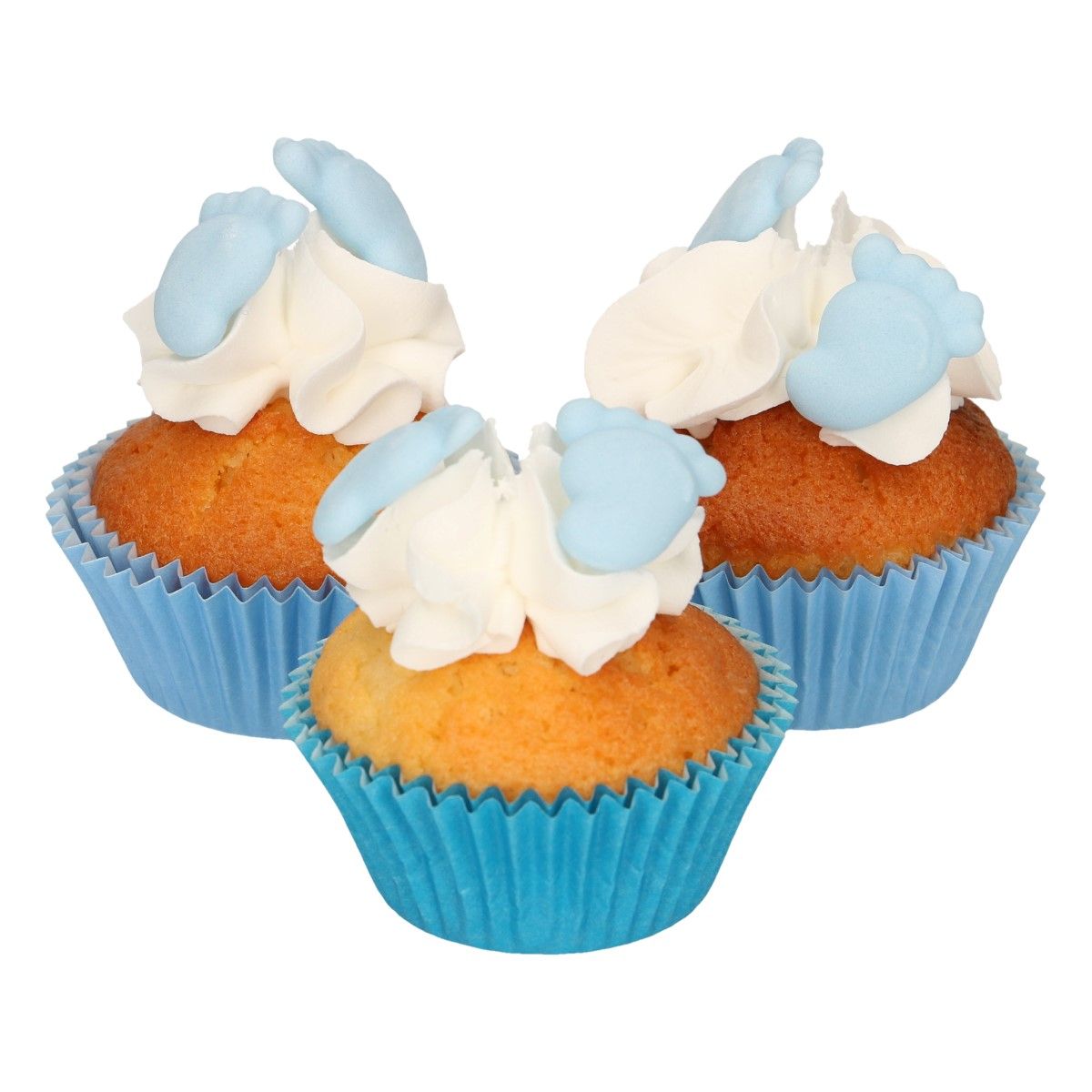 Ätbara dekorationer i form av blåa bebisfötter på cupcakes