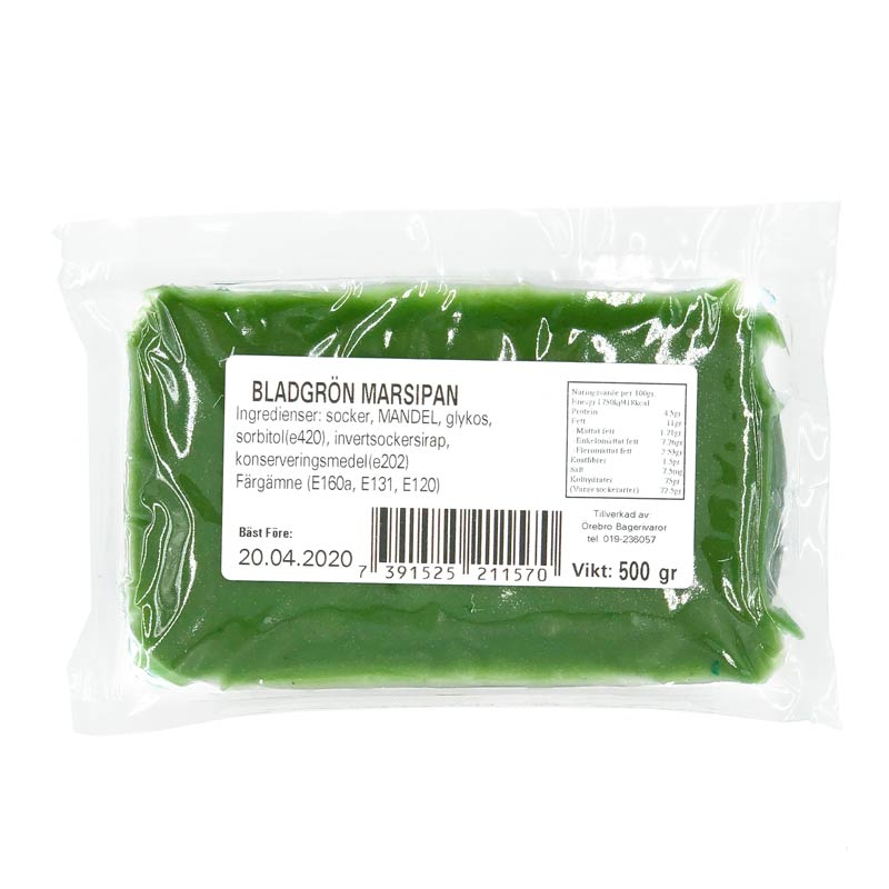 Förpackning bladgrön marsipan 500 g från Örebro Bagerivaror