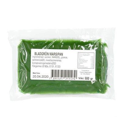 Förpackning bladgrön marsipan 500 g från Örebro Bagerivaror