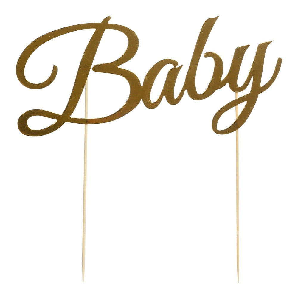 Cake topper I guld med texten "Baby"