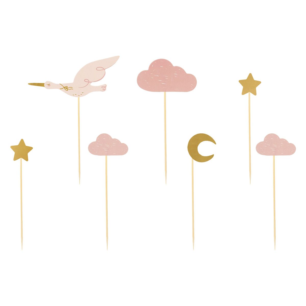 Cske topper I form av en rosa stork, moln, stjärnor och måne
