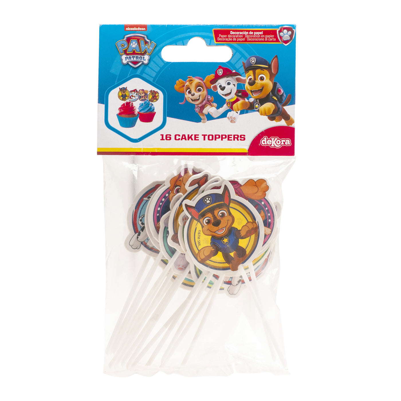 Förpackning med 16 Paw Patrol cake toppers med karaktärer som Chase och Skye