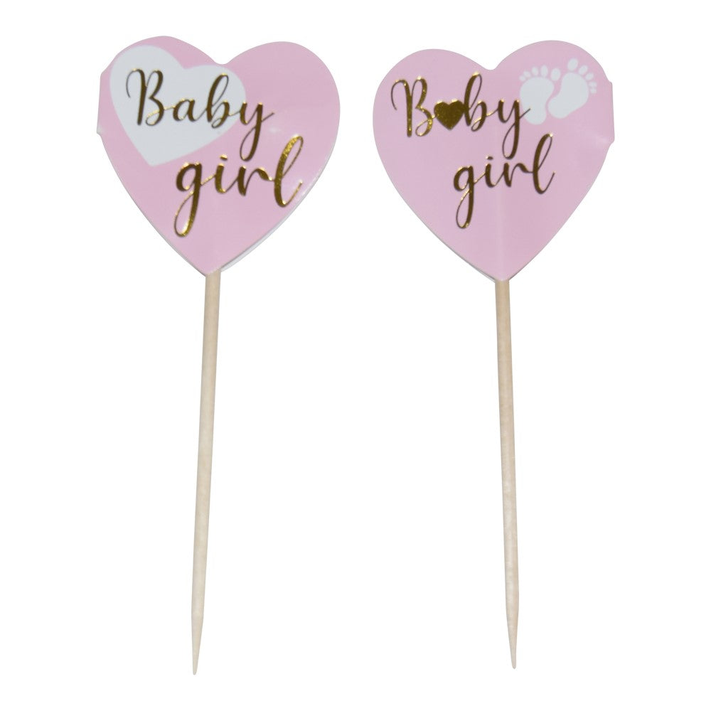 Cupcake topper i rosa med texten Baby girl, dekoration till baby shower