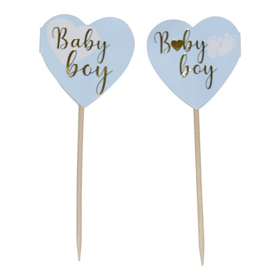 Cupcake toppers till baby shower, blåa hjärtan med texten baby boy