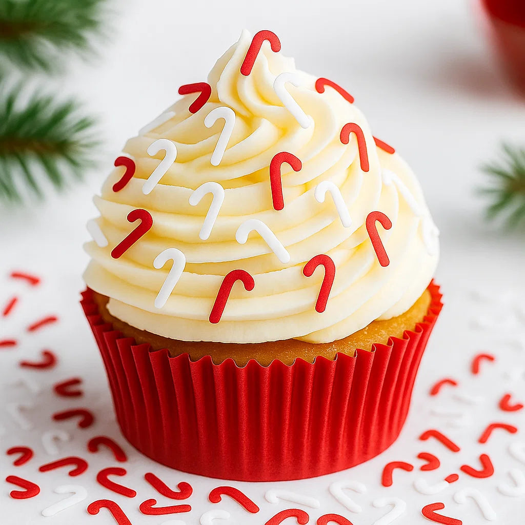 Cupcake dekorerad med röda och vita polkagrisformade glitterfigurer.