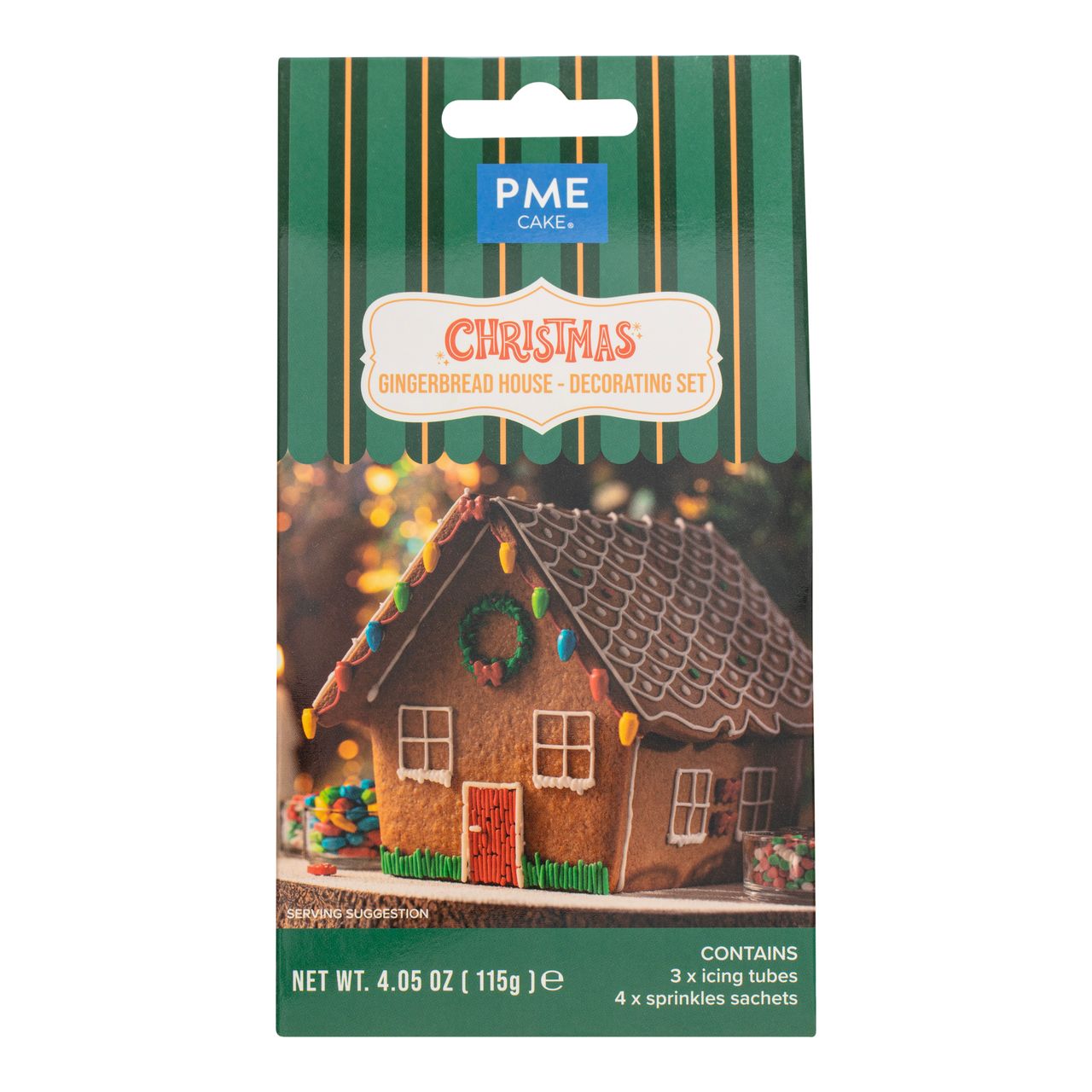 Förpackning av PME Gingerbread House Decorating Set med bild på ett dekorerat pepparkakshus.