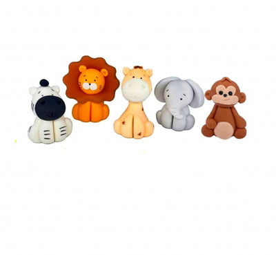 5 stycken djungeldjur i sockerpasta - en zebra, ett lejon, en giraff, en elefant och en apa