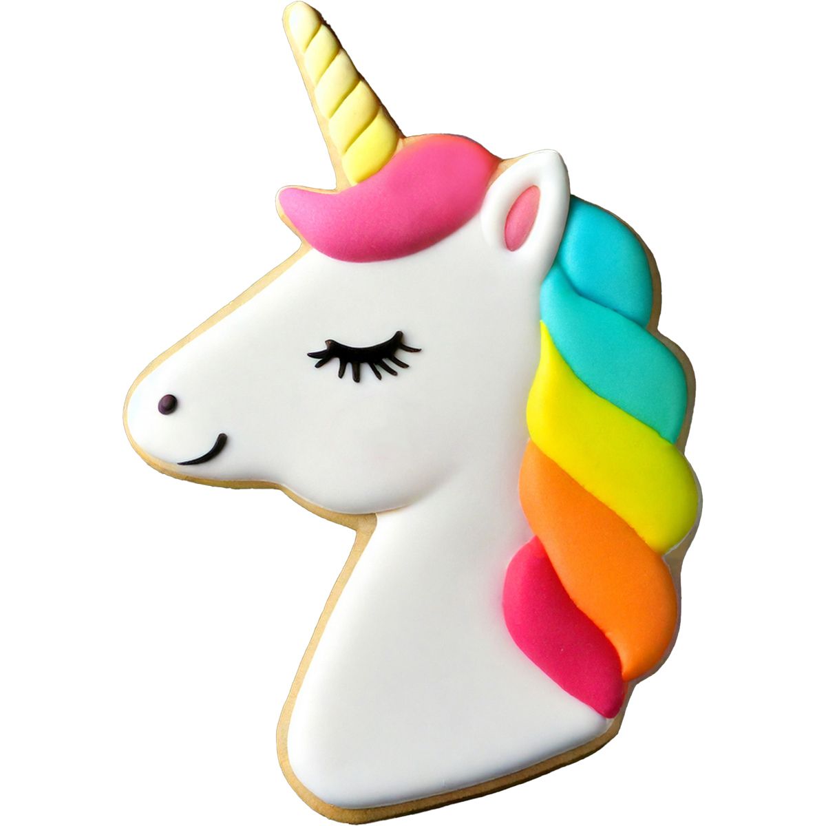 Dekorerad mördegskaka i form av enhörning / unicorn med färgglad man