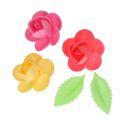 Ätbara blommor av waferpapper, i rött, rosa och gult