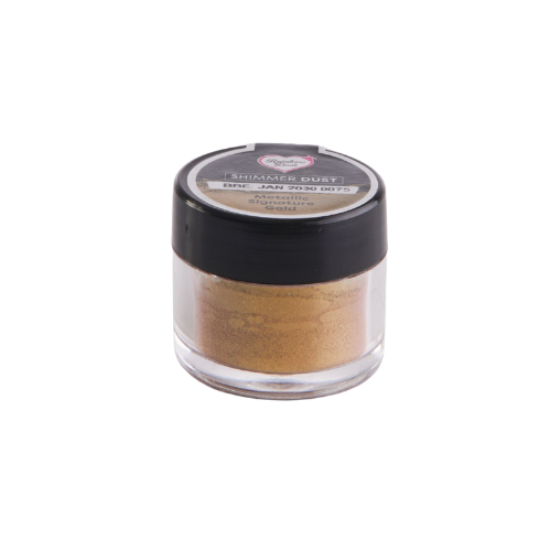 Liten burk med RD Edible Shimmer Dust i färgen Signature Gold – ätbart guldigt glitterpulver för bakverk och dekoration.