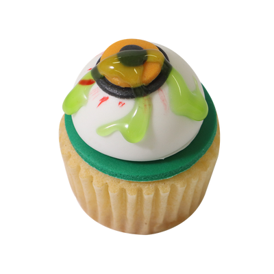 Cupcake I halloweentema dekorerad med ett öga och grönt ätbart slime