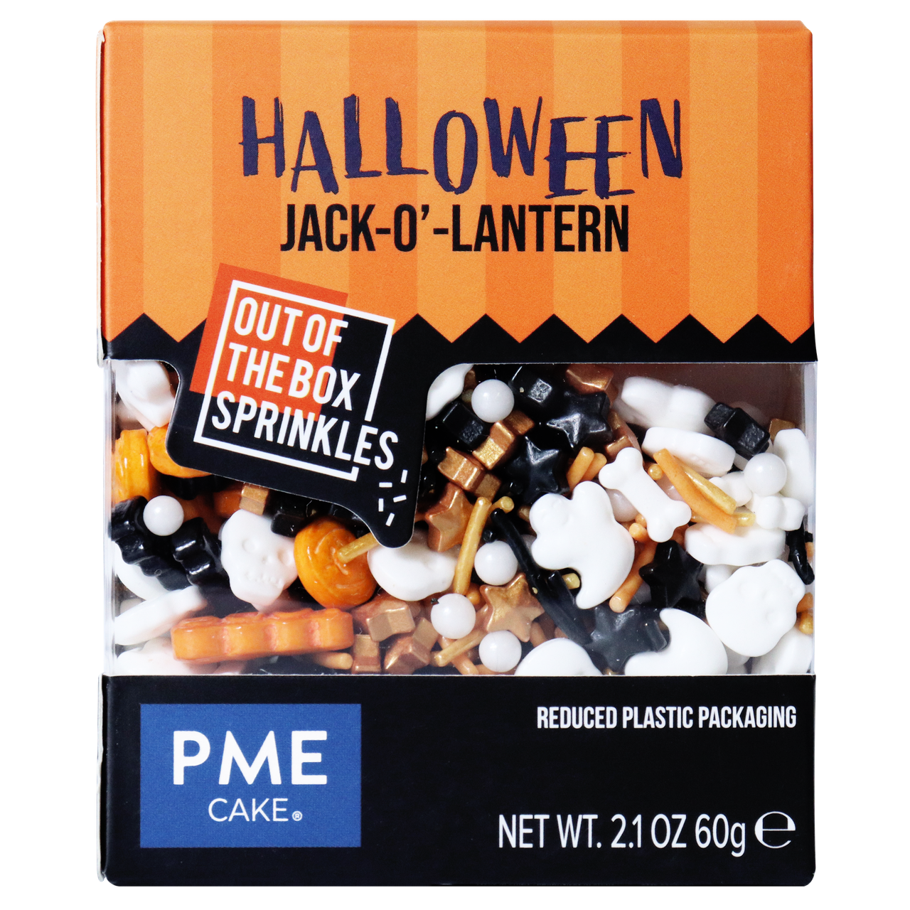 Förpackning med PME Halloween Jack-o’-Lantern strössel i svart, orange, vitt och guld