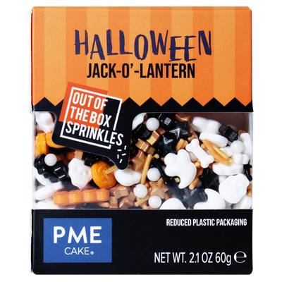 Förpackning med PME Halloween Jack-o’-Lantern strössel i svart, orange, vitt och guld