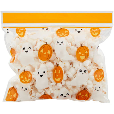Zip-påsar i halloweentema, fylld med popcorn
