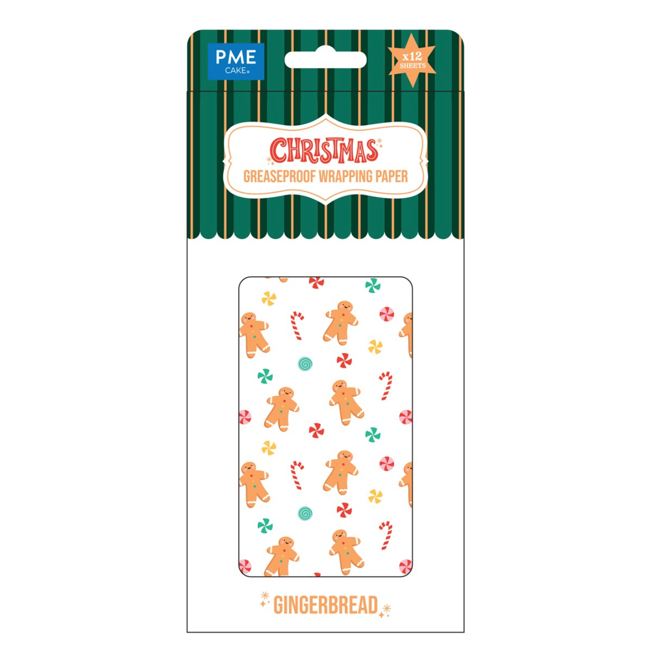 PME karamellpapper med julmotiv av pepparkaksgubbar, polkagriskäppar och kolor, 12 ark fettavvisande smörpapper.