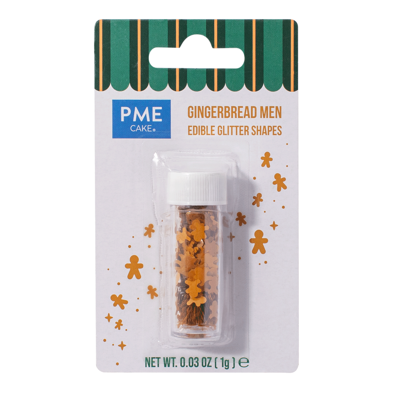 Förpackning med PME Edible Glitter Shapes Gingerbread Men i ett 1 g-rör.