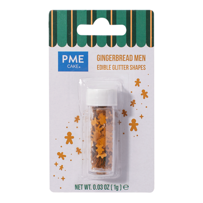 Förpackning med PME Edible Glitter Shapes Gingerbread Men i ett 1 g-rör.