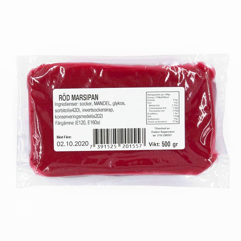 Förpackning röd marsipan 500 g från Örebro Bagerivaror