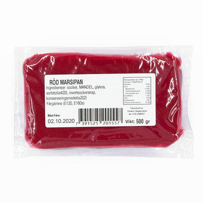 Förpackning röd marsipan 500 g från Örebro Bagerivaror