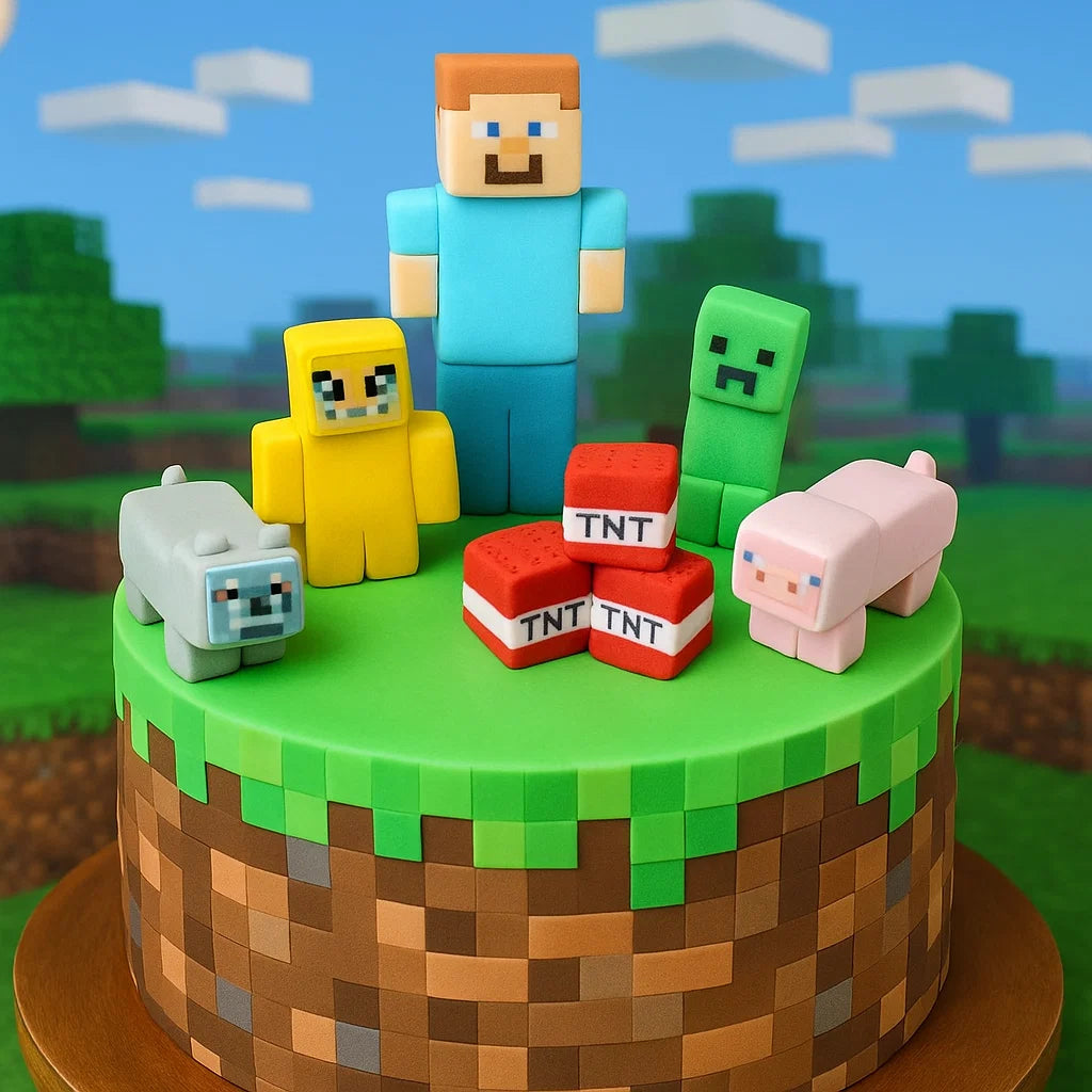 Ätbara tårtdekorationer föreställande figurerna i Minecraft