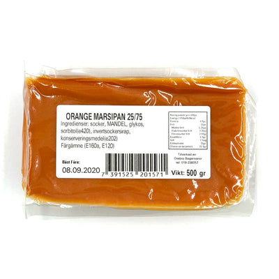 Orange marsipan 500 g från Örebro Bagerivaror i förpackning