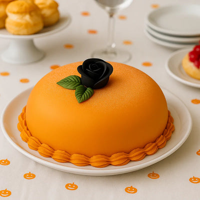 Prinsesstårta täckt med orange marsipan och dekorerad med svart ros – perfekt till Halloween