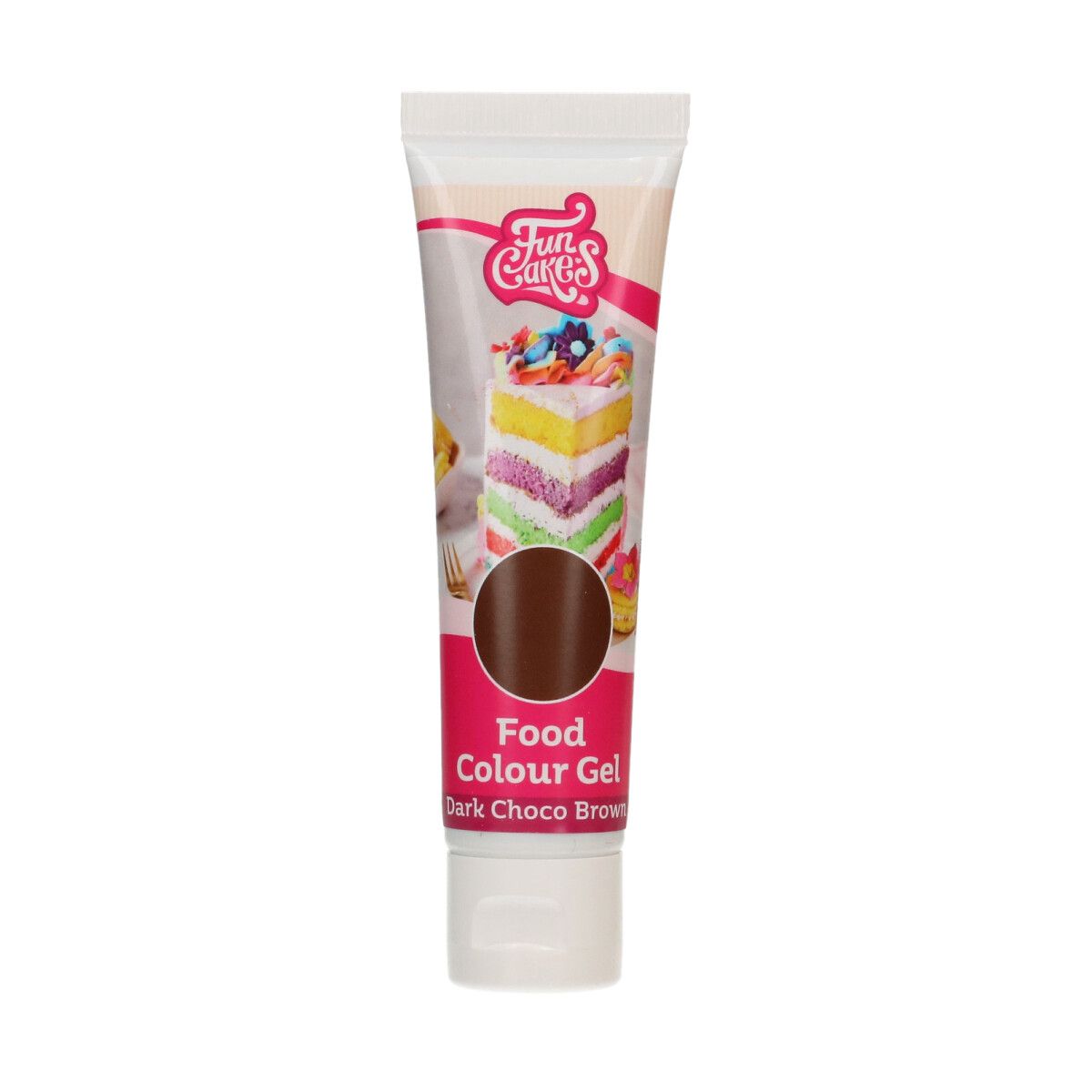 Tub med FunCakes Food Colour Gel i färgen Dark Choco Brown, 30 g – brun pastafärg för bakning och dekoration.